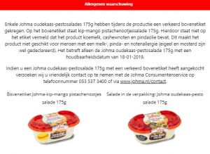 Advertentie allergiewaarschuwing Johma Kip-Mango Pistachenootjes salade / Oude kaas-pesto salade