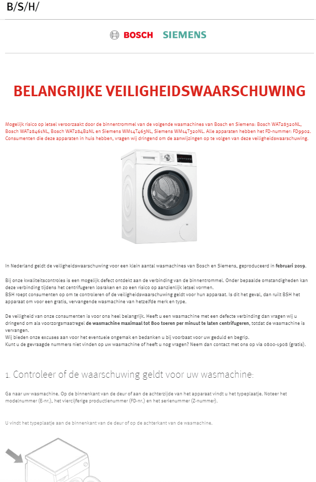 Executie woestenij Associëren Veiligheidswaarschuwing wasmachines Bosch en Siemens