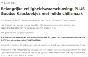 Melding terugroepactie PLUS Goudse Kaaskoekjes milde chilismaak