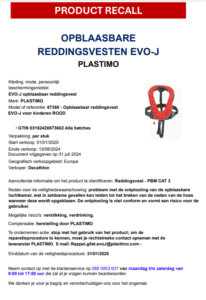 Melding terugroepactie Plastimo Evo-J Reddingsvesten Decathlon