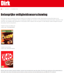 Melding allergenenwaarschuwing Nestlé Cereal Lion en KitKat