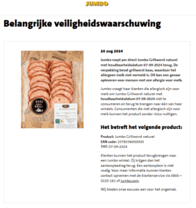 Melding allergenenwaarschuwing Jumbo Grillworst Naturel