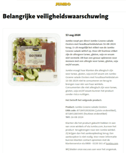 Melding allergenenwaarschuwing Jumbo Groene Salade Oosterse Stijl