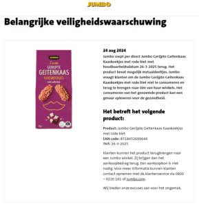 Melding terugroepactie Jumbo Gerijpte Geitenkaas Kaaskoekjes