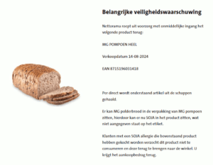 Melding allergenenwaarschuwing Nettorama Molengoud Pompoenbrood