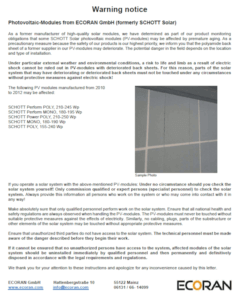 Melding belangrijke veiligheidswaarschuwing Schott (Ecoran) zonnepanelen