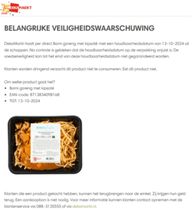 Melding terugroepactie DekaMarkt Deka's Keuken Bami goreng met kipsaté