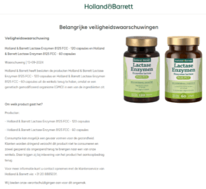 Melding terugroepactie Holland & Barrett Lactase Enzymen