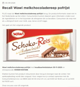 Melding allergenenwaarschuwing WAWI Melkchocoladereep pofrijst