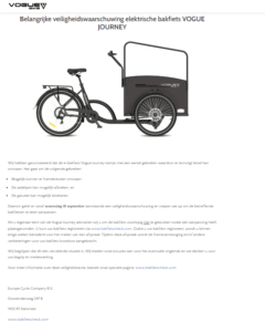 Melding terugroepactie Vogue Bike Elektrische Bakfietsen JOURNEY