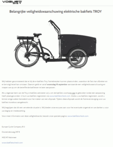 Melding terugroepactie Vogue Bike Elektrische Bakfietsen Troy