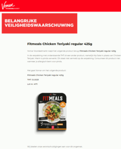 Melding allergenenwaarschuwing Fitmeals Chicken Teriyaki Vomar